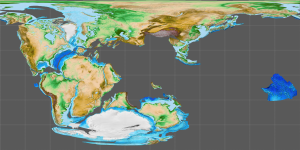 The Earth 141 million years ago as projected into equirectangular by gplates.